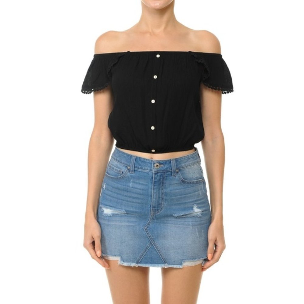 Black off the shoulder flutter sleeve crop top